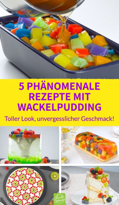 5 Wackelpudding-Kuchen für Groß und Klein! Bringe Kinderaugen zum Strahlen oder erwecke bei Erwachsenen nostalgische Gefühle - 5 Kuchen mit Wackelpudding, die spektakulär aussehen und schmecken. #wackelpudding #götterspeise #kuchenkunst Jello Cake, Kinds Of Desserts, Jello Recipes, Fun Desserts, Pops Cereal Box, Dessert Recipes, Dessert, Baking, Ethnic Recipes