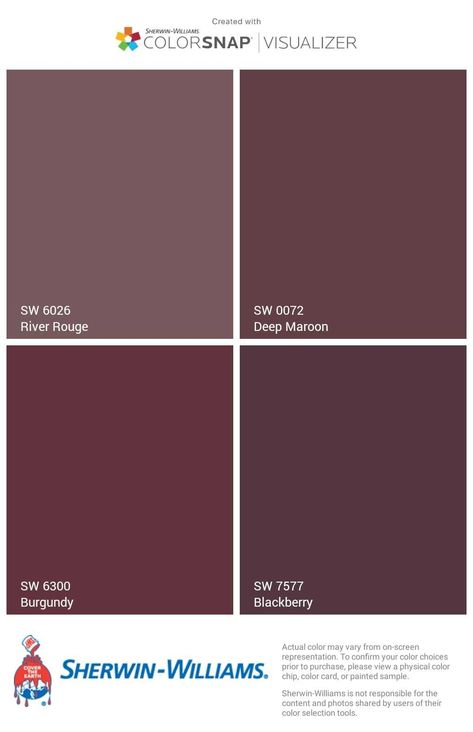 Wine Color Painted Walls, Maroon Painted Walls Bedroom Ideas, Berry Bush Sherwin Williams, Aged Wine Sherwin Williams, Burgandy Sherwin Williams, Sw 6300 Burgundy, Sherwin Williams Eggplant Paint Colors, Aubergine Dining Room, Merlot Sherwin Williams