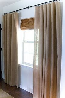 simple burlap curtains Burlap Curtains Diy, Burlap Drapes, Curtains For Grey Walls, Teal Curtains, Dining Room Updates, The Curtains, Burlap Curtains, Grey Room, Bamboo Shades