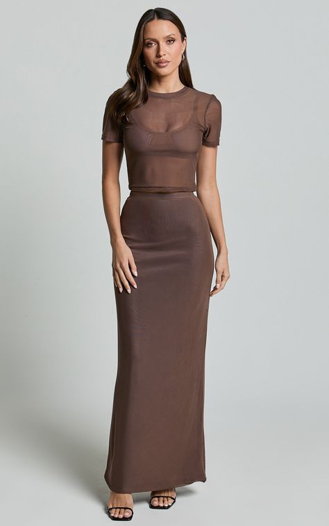 Get ready to turn heads in the Janet Top And Skirt Two Piece Set! This trendy co-ord set is perfect for any occasion, whether you're heading out for a casual day with friends or getting ready to party all night long. The chocolate brown color adds a touch of warmth and sophistication, while the mesh material gives it a fun and flirty vibe. Made from high-quality polyester, this ensemble is not only stylish but also comfortable to wear all day long.The short sleeve top features a scoop neck desig Realtor Fits, Spa Esthetic, Timeless Fits, Eclectic Closet, Midi Skirt Fall, Basic Black Dress, Skirt Two Piece, Sleek Chic, Neon Outfits