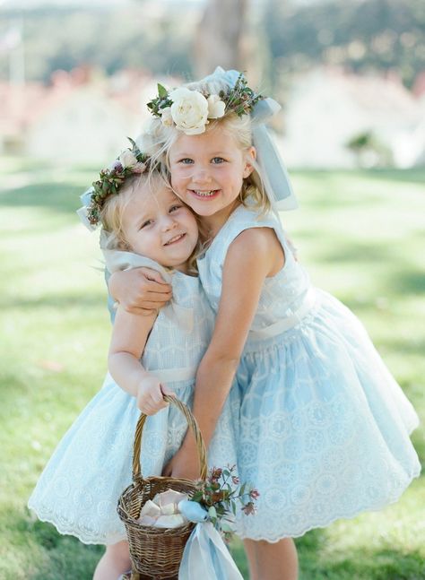 flower girls hugging Blue Flower Girl, Light Blue Bridesmaid, Pink Centerpieces, Flower Girl Dresses Blue, Flower Girl Baskets, Girls Blue Dress, Wedding Color Inspiration, Light Blue Flowers, Summer Wedding Colors