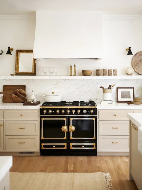 Why This Homeowner Renovated Her Perfectly Fine, White Farmhouse Kitchen Kitchen Range Styling, Scandinavian Kitchen Marble, Kitchen Hood With Sconces, Black Range Kitchen, Kitchen Hood Tall Ceiling, Renovated Farmhouse Kitchen, Marble Shelf Kitchen, Cabinet Fronts Styles, Connecticut Homes