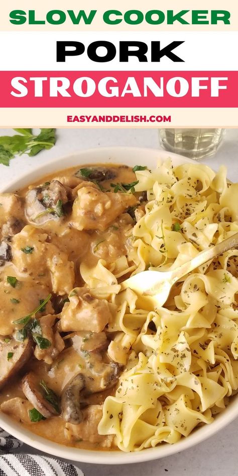 Make this Slow Cooker Pork Stroganoff for busy days. It only takes 20 minutes to prepare and the rest of the time the crockpot will do the job for you! Pork And Noodles Slow Cooker, Pork Stroganoff Crockpot, Pork Tips Recipe Slow Cooker, Pork Stroganoff Recipes, Pork Stroganoff Recipe, Pork Stroganoff, Pork Casserole Recipes, Leftover Pork Recipes, Slow Cooker Pork Recipes