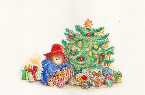 Original cover illustration from Paddington and the Christmas Surprise written by Michael Bond and Illustrated by R.W. Alley | R. Michelson Galleries # Merry Christmas Paddington Beautiful Christmas Scenes, The Bookworm, Fairy Wallpaper, Bear Drawing, Christmas Teddy Bear, Christmas Surprise, Bear Illustration, Paddington Bear, Christmas Cartoons