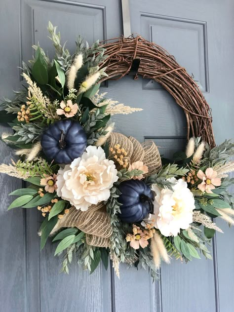 [AffiliateLink] Blue Pumpkin Wreath Fall Boho Wreath Fall Wreaths For Front - Etsy Romania #halloweenwreathsforfrontdoor Wreaths For Blue Front Door, Fall Wreaths With Navy Blue, Blue Pumpkin Wreath, Simple Fall Wreaths For Front Door, Halloween Wreaths For Front Door, Diy Fall Wreath Ideas, Blue Fall Decor, Elegant Fall Wreaths, Farmhouse Fall Wreath