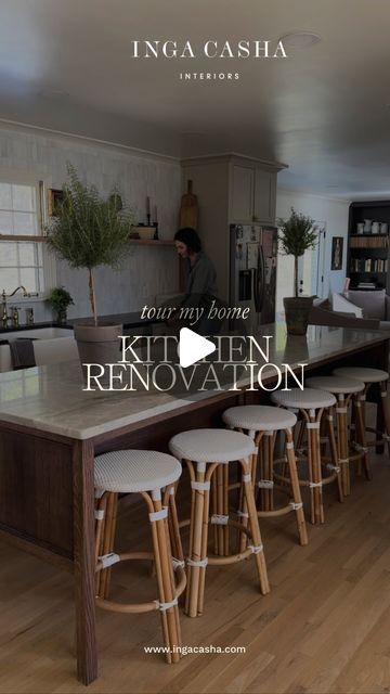 INGA CASHA INTERIORS | 10 ft kitchen island = fits 5 kiddos. That’s designer/mom math. 😅 Take a quick tour of our kitchen with me! | Instagram 10 Ft Island Kitchen, 10 Ft Kitchen Island, Island Fits, Kitchen Island Layout, Round Kitchen Island, Painted Island, Inset Cabinets, Quartzite Countertops, Ft Island