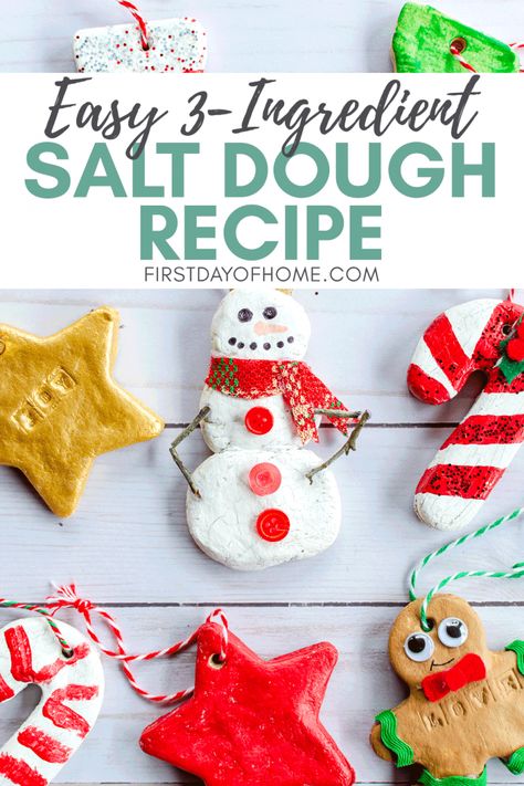 This quick and easy salt dough ornament recipe is easy enough for the kids to make! You need only 3 ingredients, and you can customize your DIY ornaments with paint, glitter, handprints, thumbprints, stamps and more. Choose to bake the dough or let air dry (no-bake option). You'll want to make salt dough ornaments for every holiday! #saltdoughornaments #saltdough #kidscrafts #christmascrafts #firstdayofhome Easy Salt Dough Ornaments, Salt Dough Ornament, Salt Dough Christmas Ornaments, Salt Dough Crafts, Handprint Ornaments, Salt Dough Ornaments, Dough Ornaments, Food Ornaments, Kids Christmas Ornaments