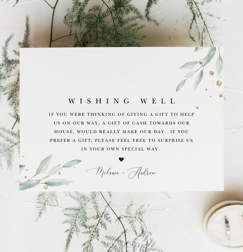 Greenery and Gold Wishing Well Card | Wedding Gift Request Wishing Well Template | Boho Wedding Insert | Editable Template DIY  #wishingwell #weddinginsert #bohowedding #greenerywedding Wedding Inserts, Note On Gifts Wedding Invitation, Wishing Well Ideas Wedding, Wedding Wishing Well Ideas, Engagement Party Wishing Well Ideas, Wedding Gift Request Money, Monetary Gift Wording Wedding, Wishing Well Sign, Wishing Well For Wedding Cards