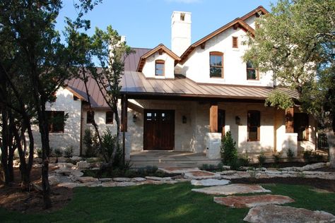 Love the white rock and brown accents. Brown Metal Roof, Brown Roofs, House Paint Color Combination, Hill Country Homes, Brown Roof, Brick Ranch, Metal Roofing, Roof Colors, Exterior Paint Colors For House