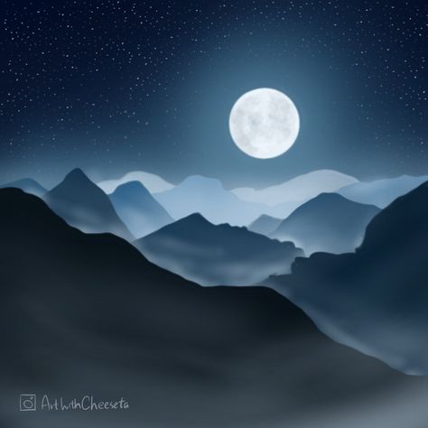 Moon And Mountains Drawing, Night Time Mountains, Moon Mountain Painting, Big Moon Painting, Moon And Mountains Painting, Mountain Painting Night, Midnight Drawing, Mountain Landscape Drawing, Mountain Painting Acrylic