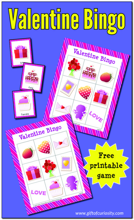 Free printable Valentine Bingo game with 10 different playing cards for hours of Valentine's Day Bingo fun! #Valentine #ValentinesDay #Bingo #freeprintable #giftofcuriosity || Gift of Curiosity Valentine Bingo Free Printable, Bingo Games For Kids, Valentine's Day Party Games, Printable Bingo Games, Valentine Bingo, Bingo For Kids, Gratis Printables, Bingo Set, Valentines Games