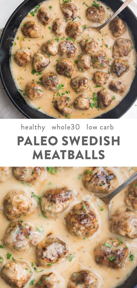 These paleo Swedish meatballs are so comforting and savory, served with a creamy Swedish meatballs sauce and lingonberry jam, with a Whole30 option. Based on an authentic recipe, this healthy take on Swedish meatballs is paleo, Whole30, gluten free, low carb, and keto friendly! Not only that, they're quite easy, and that creamy, dairy-free gravy is to die for! #paleo #whole30 Swedish Meatballs Sauce, Healthy Swedish Meatballs, Paleo Swedish Meatballs, Creamy Swedish Meatballs, Meatballs Paleo, Meatballs Sauce, Lingonberry Jam, Paleo Diet Food List, Paleo Menu