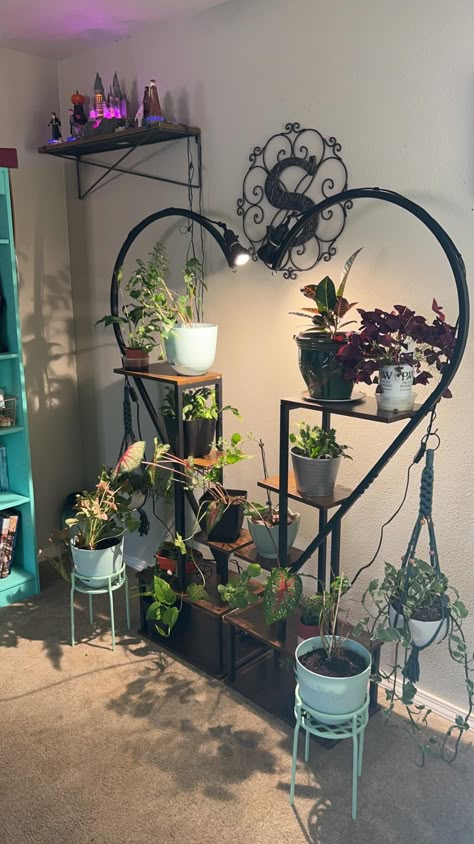 Really nice plant stand that has grow lights in the shape of a heart and will hold several plants. #plant #plantstand #ad #commissionsearned Cute Plant Set Up, Unique Plant Stand, String Lights On Plant Stand, Plant Light Lamp, Heart Shaped Shelf, Heart Shaped Plant Stand, Plants Cats Love, Apartment Decorating Living, Cute Bedroom Decor