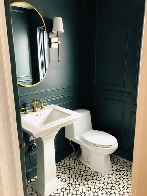 Behr - Midnight in New york Midnight In New York Behr Paint, Black Paneling Bathroom, Midnight In New York Behr, Powder Room Ideas Dark, Half Bathroom Lighting, Dark Blue Powder Room, Behr Midnight, Speakeasy Bathroom, Dark Powder Room Ideas