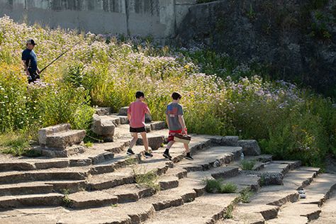 Henry Palmisano Park Stearns Quarry | Chicago Natural Park Design Landscape Australia, Natural Playgrounds, Landscape Details, Terraced Landscaping, Landscape Stairs, Prairie Planting, Landscape Rock, Landscape Stone, Park Design