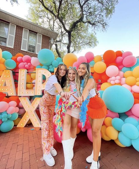 Orange Bid Day Theme, Colorful Sorority Theme, Groovy Party Outfits, Golden Hour Sorority Theme, Golden Hour Bid Day Theme, Golden Hour Bid Day, Walking On Sunshine Bid Day, Rainbow Bid Day, Colorful Bid Day Theme