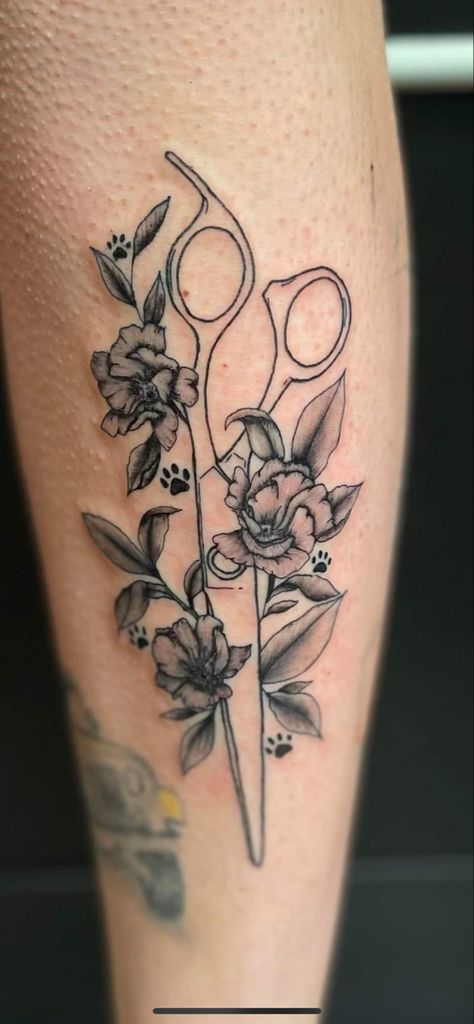 Grooming Scissors Tattoo, Pet Groomer Tattoo, Grooming Shears Tattoo, Shears Tattoo With Flowers, Small Hairstylist Tattoos, Hairstylist Tattoo Ideas, Cosmetology Tattoos Hairstylists, Groomer Tattoo Ideas, Dog Groomer Tattoo Ideas