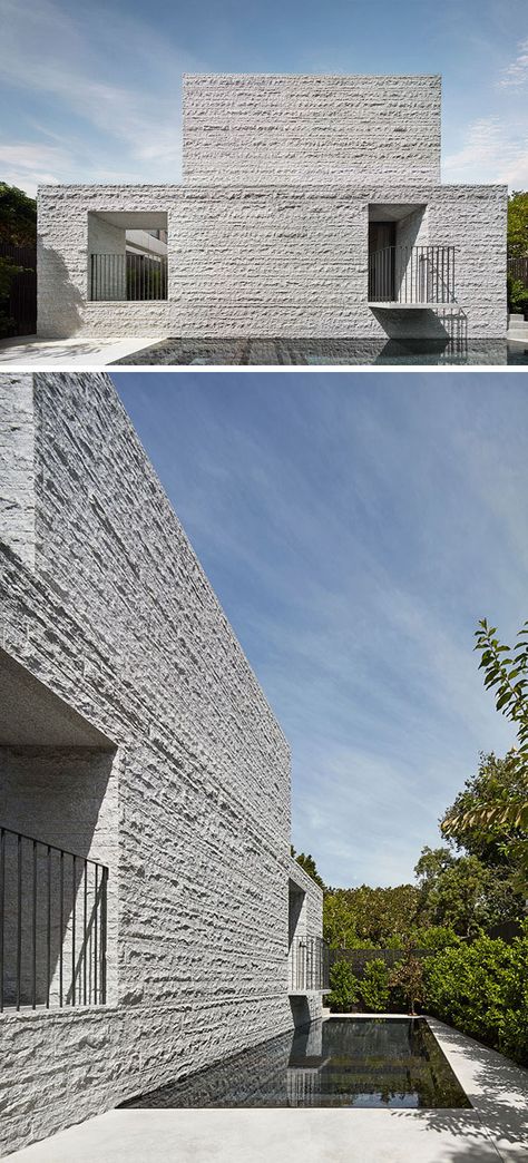 The granite on the exterior of this modern house has a split-faced finish that allows the home to have a textured when viewed from the outside. #Granite #SplitFacedGranite #GraniteHouse #ModernHouse Modern Stone Facade, Granite Architecture, New Modern House, Modernist House, Luxurious Interior, Stone Facade, Concrete Home, Interior Minimalista, Architecture Inspiration