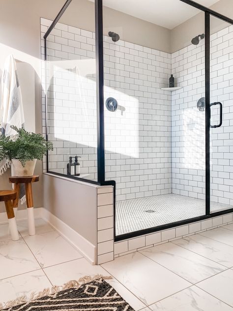 Shower Door Ideas, Penny Tiles, Mosaic Shower Tile, White Subway Tile Shower, Gray Shower Tile, Tile Walk In Shower, Black Shower Doors, Shower Sliding Glass Door, Wood Stools