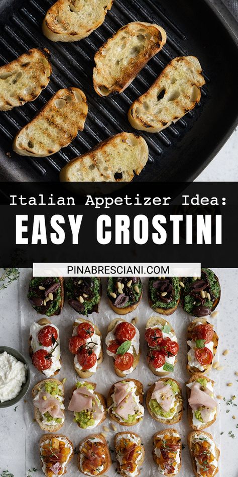 How To Make Crostini, Crostini Toppings, Italian Snacks, Crostini Appetizers, Italian Dinner Party, Italian Party, Italian Menu, Crostini Recipes, Appetizer Ideas