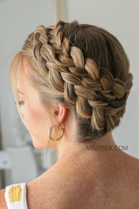 Double Dutch Crown Braid | MISSY SUE Dutch Crown Braid, Princess Leia Hair, Braid Crown, Missy Sue, Braided Crown Hairstyles, Double Dutch, Peinados Fáciles Para Cabello Corto, Crown Braid, Halloween Hair