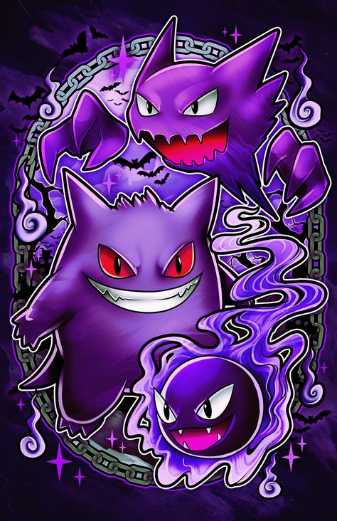 Pokemon Family Series on Behance Dark Pokémon, Pikachu Tattoo, Ghost Type Pokemon, Pokemon Painting, Gengar Pokemon, Ghost Pokemon, Ghost Type, Anime Pic, Pokemon Universe