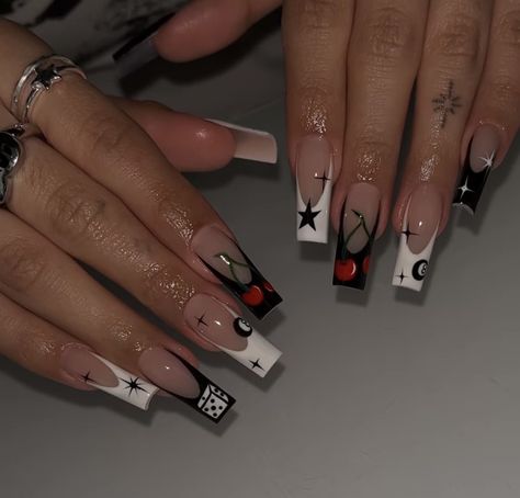 Chinese Dragon Acrylic Nails, Playboi Carti Nails, Vegas Nail Ideas, Ak47 Nails, Black White Red Nails, Card Nail Designs, Gambling Nails, Casino Theme Nails, Chola Nails Acrylic