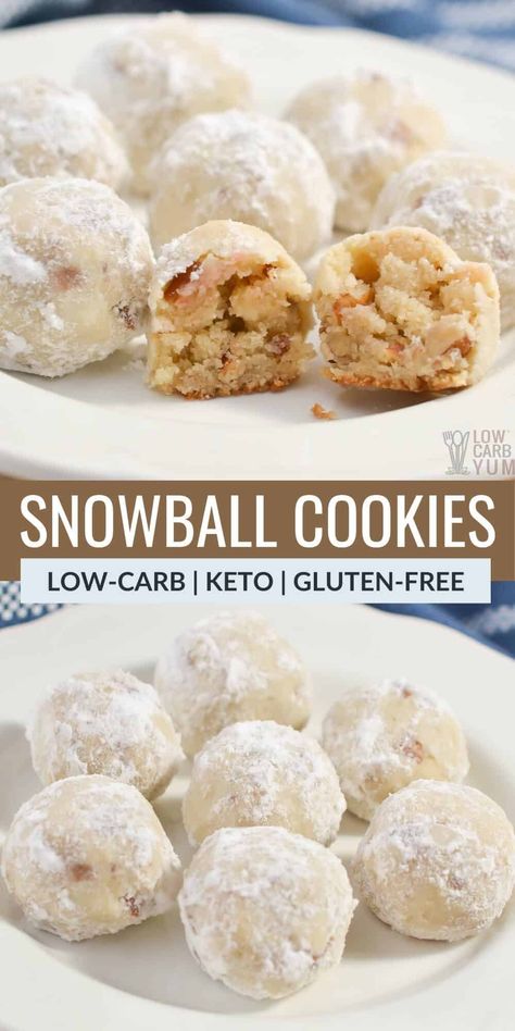 With only 1g net carbs in each cookie, these keto snowball cookies are the perfect addition to Christmas cookie platters. They are sweet, delicious, and have the same texture as traditional snowball cookies! Snowball Cookie, Dolce Poche Calorie, Sugar Free Desserts Easy, Galletas Keto, Pecan Snowball Cookies, Snowball Cookie Recipe, Keto Christmas Cookies, Keto Cookie Recipes, Cookie Platter