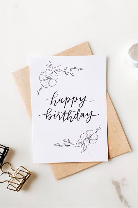 minimal black and white calligraphy birthday card with floral accents -- Calligraphy Birthday Card, Calligraphy Birthday, Black And White Calligraphy, Happy Birthday Calligraphy, Birthday Doodle, Happy Birthday Cards Diy, Birthday Card Ideas, Creative Birthday Cards, Calligraphy Cards