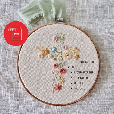 Hand Embroidery Pattern Floral Cross Christian Theme Wall Decor Downloadable FULL PDF PATTERN - Etsy Hang Embroidery Hoop On Wall, Floral Hand Embroidery Tutorial, Embroidery Cross Christian, Embroidery Christian Designs, Hymn Embroidery, Embroidery Decoration Wall Art, Embroidery Crafts To Sell, Embroidery Patterns Floral, Simple Embroidery Patterns