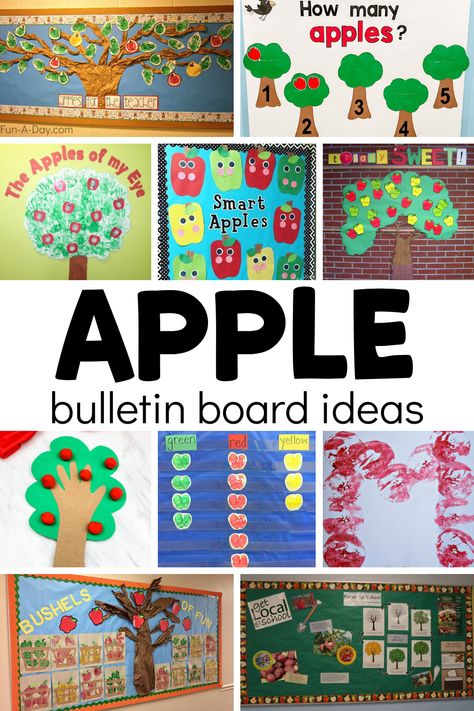 12 apple bulletin boards ideas to integrate into your next apple theme or your fall lesson plans. These apple bulletin boards are perfect for preschool, pre-k, and kindergarten kids and correlate to multiple early learning skills. Click on the Fun-A-Day.com link for more information. September Bulletin Board Kindergarten, Fall Bulletin Boards Apples, Apple Bulletin Board Ideas Kindergarten, Back To School Apple Theme, Apple Classroom Theme Bulletin Boards, Apple Theme Bulletin Board Ideas, Apple Bulletin Boards Preschool, Fall Apple Bulletin Board Ideas, Apple Classroom Door Ideas