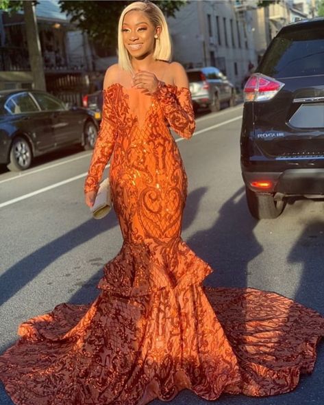 #prom2k19 #blackgirlprom #orangepromdress Orange Prom Dress Black, Burnt Orange Prom Dresses, Burnt Orange Prom Dress, Indian Prom Dresses, Brown Prom Dress, Orange Prom Dress, Off The Should Dress, Trumpet Prom Dress, Neon Prom Dresses