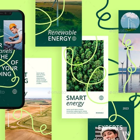 Renewable Energy - Social Media Templates Green Social Media Template, Sustainability Social Media Post, Green Energy Branding, Renewable Energy Branding, Social Post Template, Energy Logo Ideas, Energy Advertising, Renewable Energy Logo, Ad Design Layout