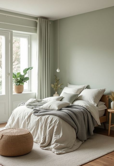 Sage Green Farmhouse Bedroom Neutral Green Bedroom Aesthetic, Pale Green Bedroom Ideas, Sage Walls Bedroom, Light Green Bedroom Aesthetic, Sage And Pink Bedroom, Sage Green Room Ideas Bedroom, Pale Green Bedrooms, Sage Green Farmhouse Bedroom, Green Farmhouse Bedroom