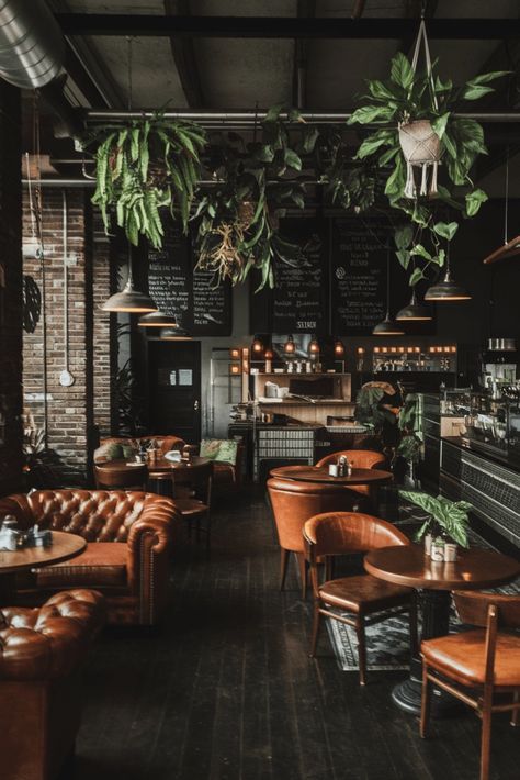 Brooklyn Coffee Shop Aesthetic, Cozy Coffee Shop Exterior, Coffee Cafe Design Interiors, Cozy Bar Design, Cafe Library Aesthetic, Dark Green Coffee Shop, Witchy Cafe Aesthetic, Moody Cafe Aesthetic, Coffeeshop Aesthetic Cozy