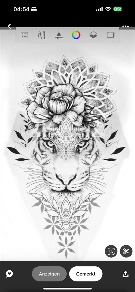 Women Tiger Tattoo Sleeve, Tiger Floral Tattoo For Women, Mandala Tiger Tattoo For Women, Lion Tattoo Arm Woman, Lion Mandala Flower Tattoo Design, Lion Mandala Tattoo For Women Arm, Tiger And Mandala Tattoo, Leg Tiger Tattoos Women, Tiger And Flower Tattoo Half Sleeves