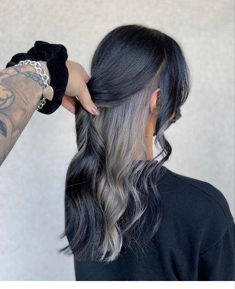 Peek A Boo Hair Silver, Peekaboo Gray Hair, Silver Ends Hair, Silver Peekaboo Hair, Peak A Boo Hair, Blonde Peekaboo Highlights, Ash Gray Hair Color, Under Hair Color, Ash Grey Hair