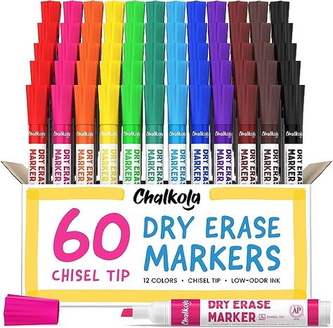 Chalkola Dry Erase Markers Bulk - 60 Pack (12 Vibrant Colors), Chisel Tip White Board Markers Dry Erase Pens - Erasable Whiteboard Marker for Kids, Office, Teacher Supplies, Back to School Supplies White Board Markers, Colorful Website, Erasable Markers, Whiteboard Marker, Dot Markers, Teacher Supplies, Acrylic Paint Set, Chalk Markers, Markers Set