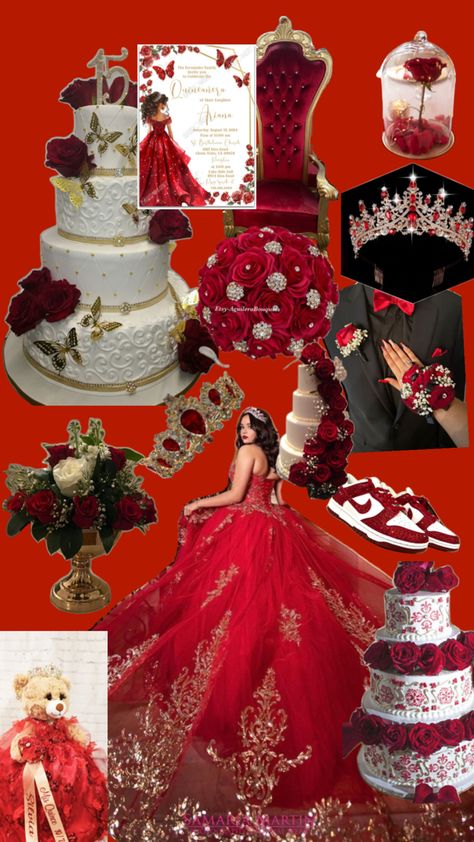 Ideas for your quince Red Quince Butterfly Theme, Quinceanera Red Decorations, Christmas Quinceanera Ideas, Red And Pink Quinceanera Ideas, Red Debut Theme, Red Quince Ideas, Quinceanera Red Theme, Quince Butterfly Theme, Christmas Quinceanera