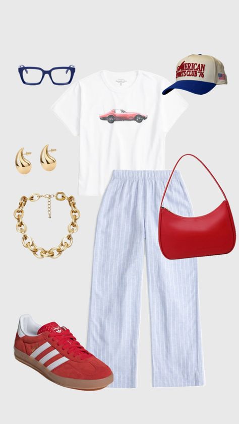 Step back in time with this vintage-inspired outfit featuring a classic white T-shirt adorned with a cool old vintage car graphic paired with stylish striped blue and white linen pants. Complement the ensemble with vibrant red Adidas sneakers, a matching red purse, a quirky blue, white, and red vintage trucker hat for added flair, and gold accessories for a touch of sophistication. Complete the look with trendy blue-rimmed glasses for that perfect retro vibe. Ideal for strolling in the city or enjoying a summer festival!🌟🚗🕶️#VintageFashion #SummerStreetStyle #RetroVibes Red And White Striped Shirt Outfit, Blue And White Striped Pants Outfit, Blue Striped Pants Outfit, White Striped Pants Outfit, Red Adidas Sneakers, Striped Linen Pants Outfit, White Striped Shirt Outfit, Striped Pants Outfit, Vintage Car Graphic