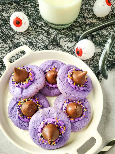 Easy Halloween Witch Hat Cookies (Made With Cake Mix) Witch Hat Cookies Hershey's Kisses, Hershey Kiss Witch Hat Cookies, Witches Hat Cookies, Halloween Witch Hat Cookies, Witch’s Hat Cookies, Witch Hat Cookies, Hat Cookies, Halloween Witch Hat, Witch Hats