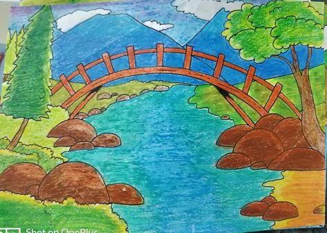 Bridge Drawing, Wooden Bridge, Canvas Drawings, Ture Love, Oil Pastels, Easy Drawing, Drawing For Kids, Oil Pastel, Drawing Ideas