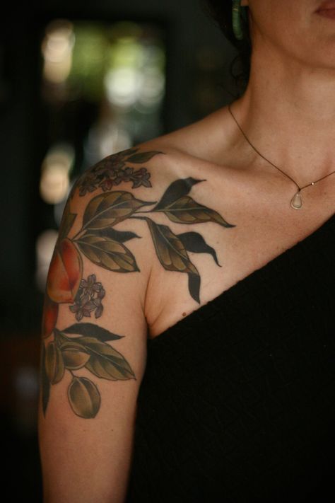 Colorful Botanical Tattoo, Black Floral Arm Tattoo, January Tattoo, Persephone Tattoo, Lemon Tattoo, Lisa Tattoo, Peach Tattoo, Shoulder Cap Tattoo, Be Brave Tattoo