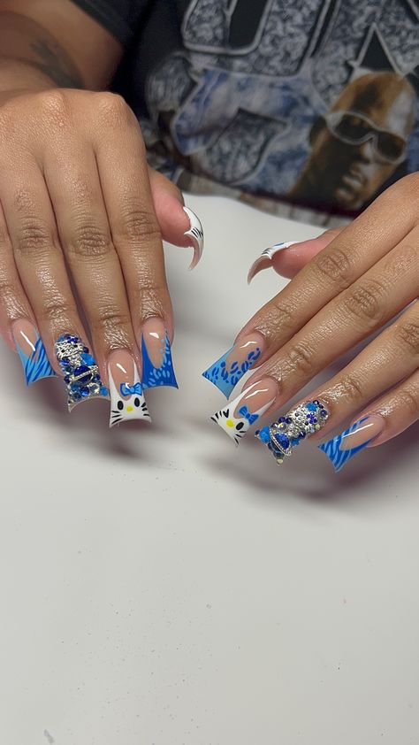 #nailinstagram #nailsofinstagram #nailtech #ducknails  #acrylicnails #longnails #beautyblog #nailstagram #nails #nailart #blogging Blue Jean Nail Design, Royal Blue Duck Nails, Blue Junk Nails, Acrylic Nails Blue, Birthday Things, Sunflower Nails, Hard Nails, Duck Nails, Blue Acrylic Nails