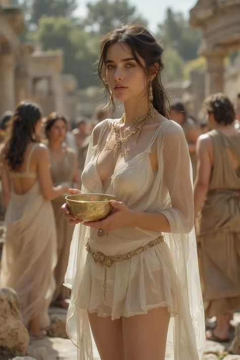 Ancient Rome Aesthetic Clothes, Roman Empire Aesthetic Outfits, Adventurer Outfit Aesthetic, Casual Goddess Outfit, Amazonian Women Warriors, Roman Dress Goddesses, Roman Aesthetic Ancient, Female Greek Warrior, Ancient Greece Dress