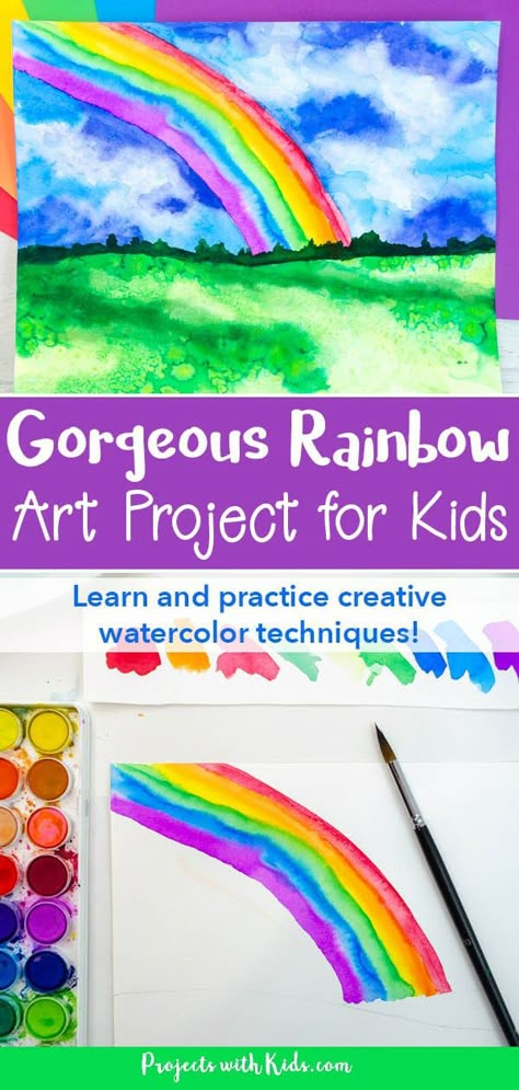 Rainbow Craft Elementary, Watercolor Art Lessons Elementary, Painting A Rainbow, Watercolor Activities For Kids, April Art Projects For Kids, Rainbow Art Projects, Art Techniques For Kids, Spring Art Projects For Kids, Easy Elementary Art Projects