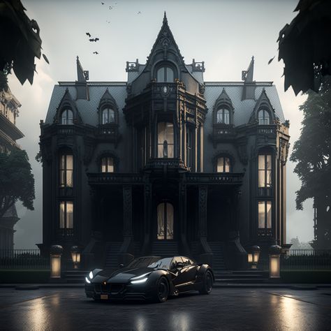 Classy Aesthetic House, Goth Dream House, Black Mansions Luxury Exterior, Modern Gothic House Exterior, Bruce Wayne House, Black Mansion Exterior, Luxury Dark House, Dark Luxury House, Black House Aesthetic