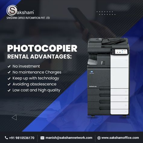 Affordable, reliable, and easy-to-use MFD PRINTER on rent. Now you can use mfd devices on pay-per-click basic. ✅ No Hefty Charge ✅ No High-End Paperwork Get Free Consultation Call:+91 9810536170 Visit: www.sakshamoffice.com Email: manish@sakshamnetwork.com #SakshamOffice #MultiFunctionPrinter #printerservice #PrinterRental #printingservices #printingsolutions #konicaminolta #officeprinters Printer Ads, Office Automation, Multifunction Printer, Office Printers, Konica Minolta, Email Id, Printed Pages, Manish, Free Consultation