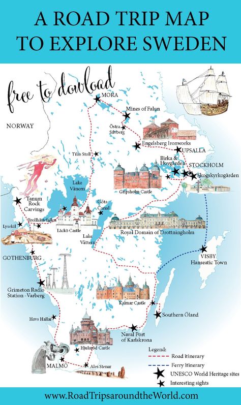 A road trip in Sweden - hand drawn map available only on www.RoadtripsaroundtheWorld.com Europe Backpacking, Travel Sweden, Europe Packing, Visit Sweden, Traveling Europe, Road Trip Map, Road Trip Europe, Road Trip Routes, Sweden Travel