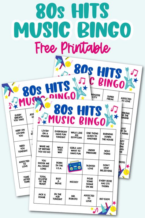 80s Hits Music Bingo Game with Playlist - Kara Creates 80s Classroom Activities, 30th Class Reunion Ideas 80s Theme, Singo Bingo Game, Music Bingo Fundraiser, Games From The 80s, Musical Bingo Free Printable, Music Themed Party Ideas, 80s Party Games Adults, Music Bingo Template